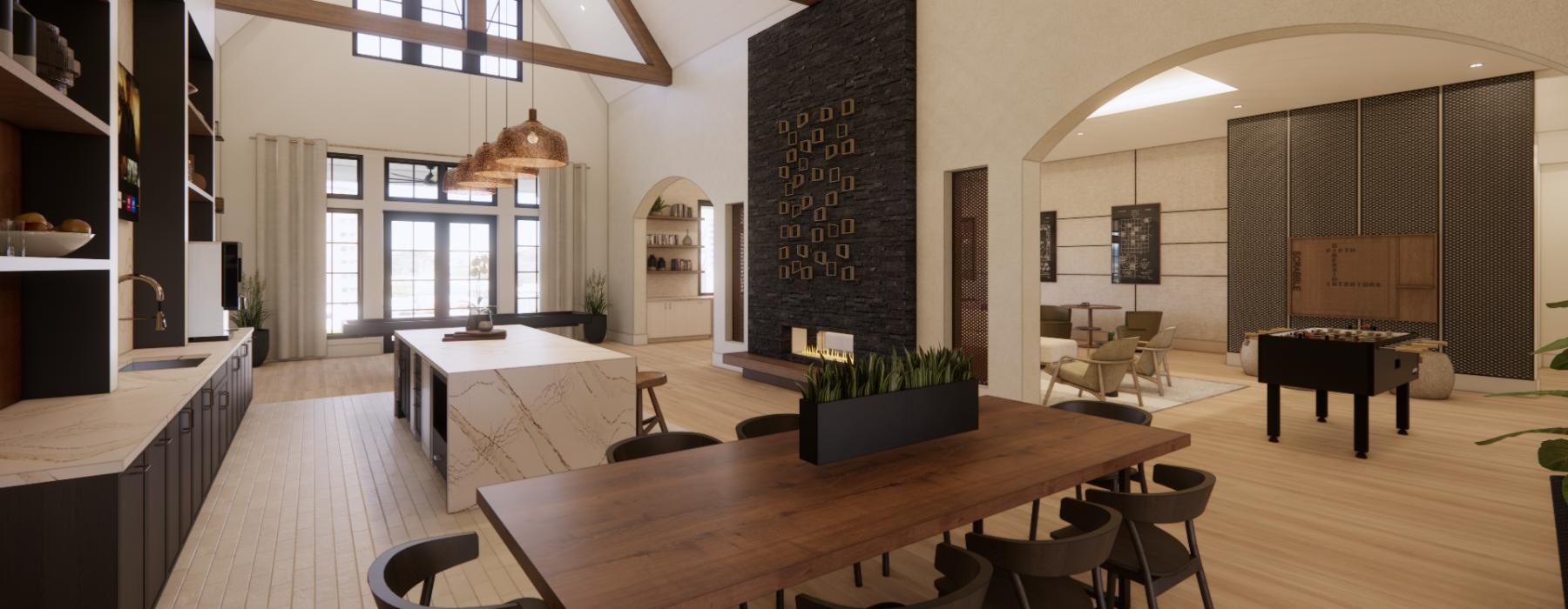 a spacious room with a fireplace