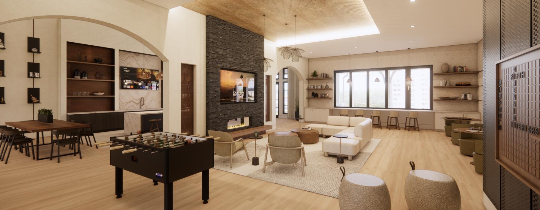 Beautiful clubroom with lounge seating and foosball