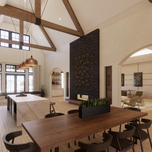 a spacious room with a fireplace