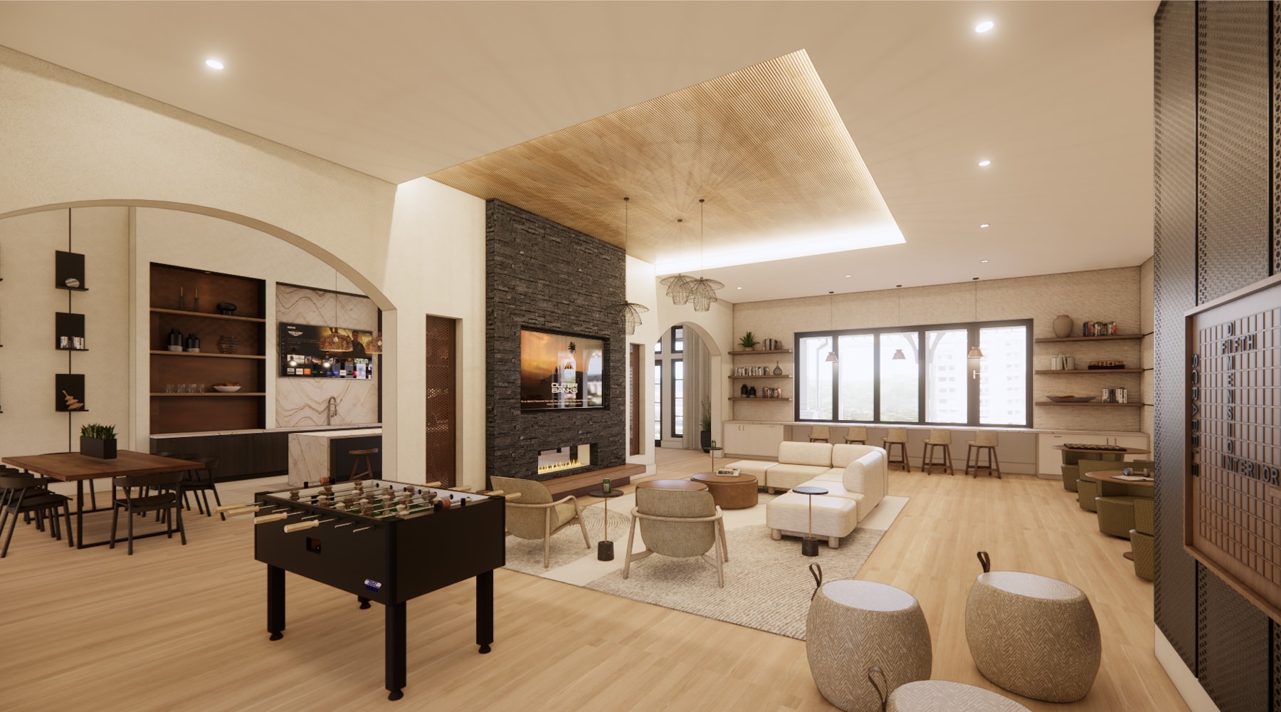 Beautiful clubroom with lounge seating and foosball table