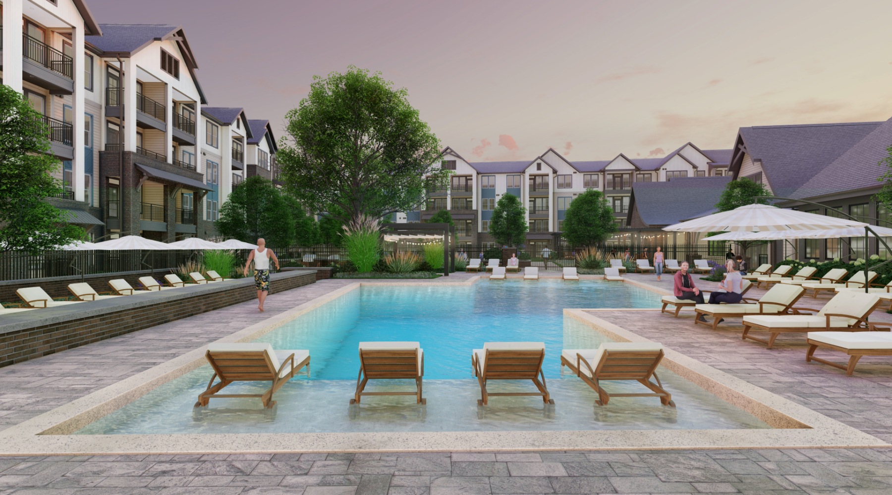 Resort-style swimming pool with lounge seating and shaded cabanas at Tapestry Beard Road Apartments in Charlotte, NC