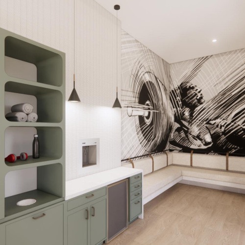 a room with white walls and shelves